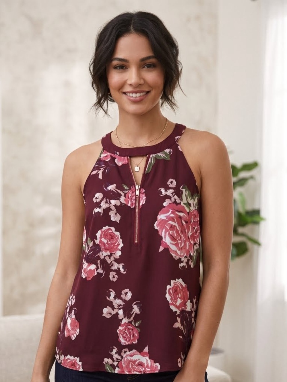 Streetwear Society Burgundy Floral Halter Tank Blouse - Small